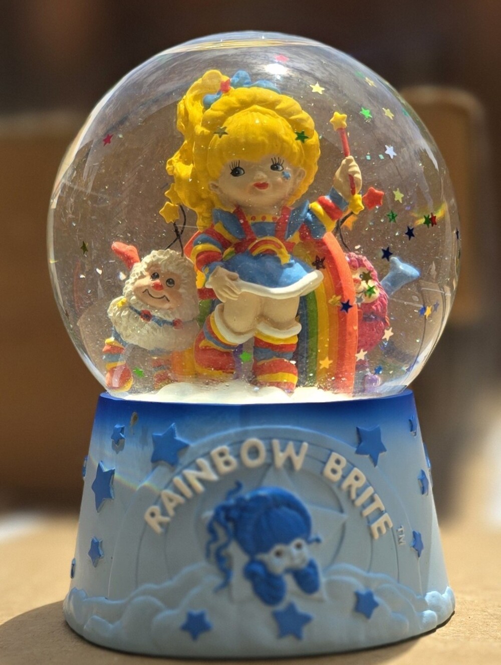Vintage RARE Rainbow Bright Blue Snow Globe with Colorful Figurines